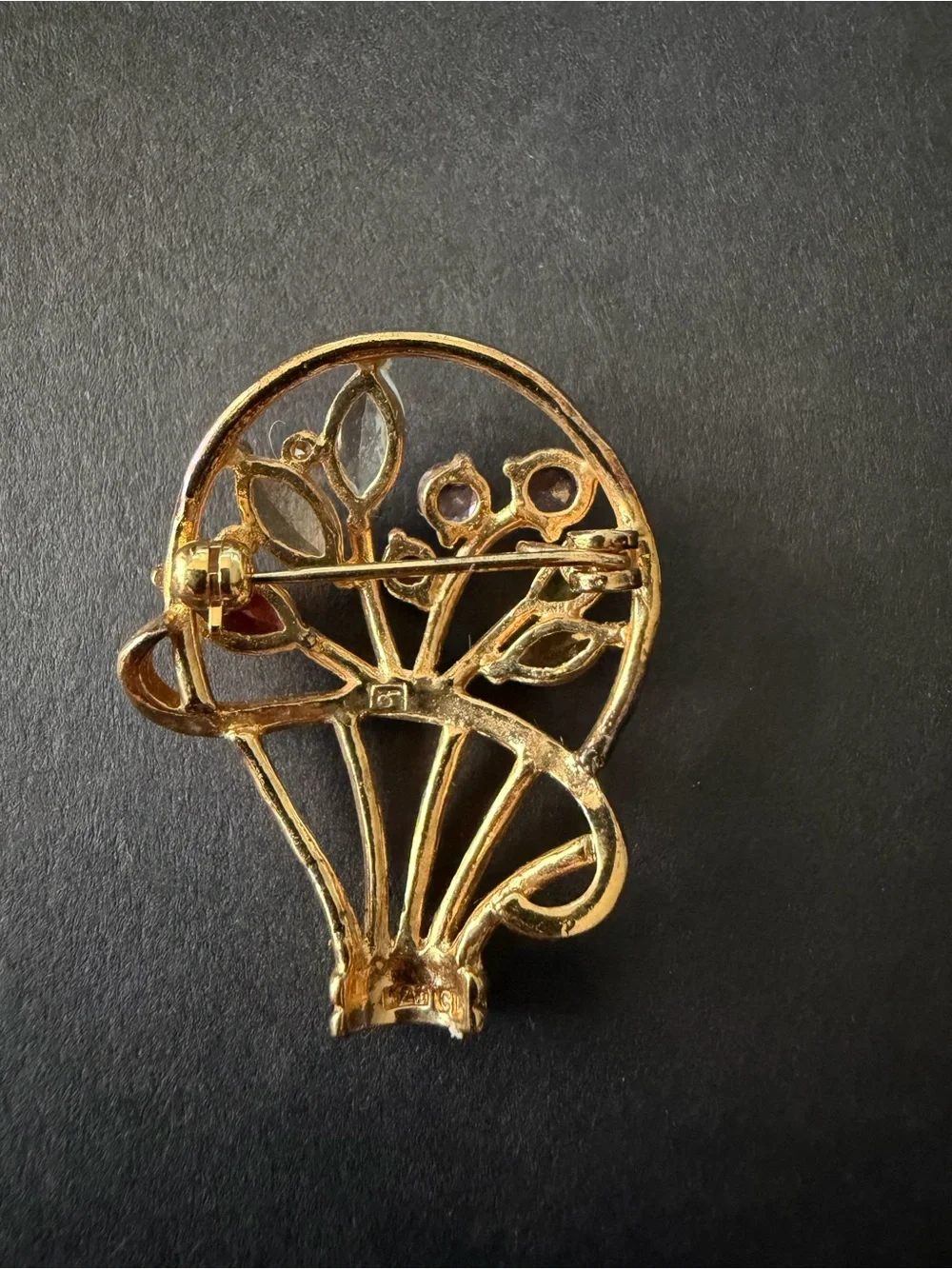 Vintage 925 Sterling Silver Gold Vermeil Multi Gemstone Flower Basket Brooch